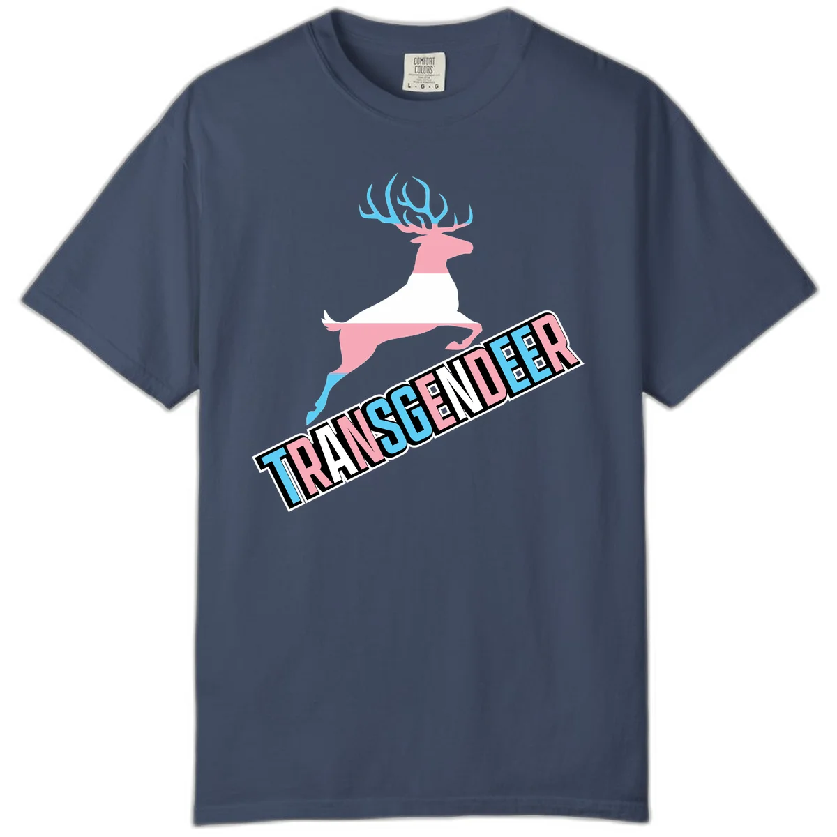 Transgender deer pride design: pink and white deer leaping with blue and pink antlers, 'TRANSGENDER' text banner below in pride colors in Midnight