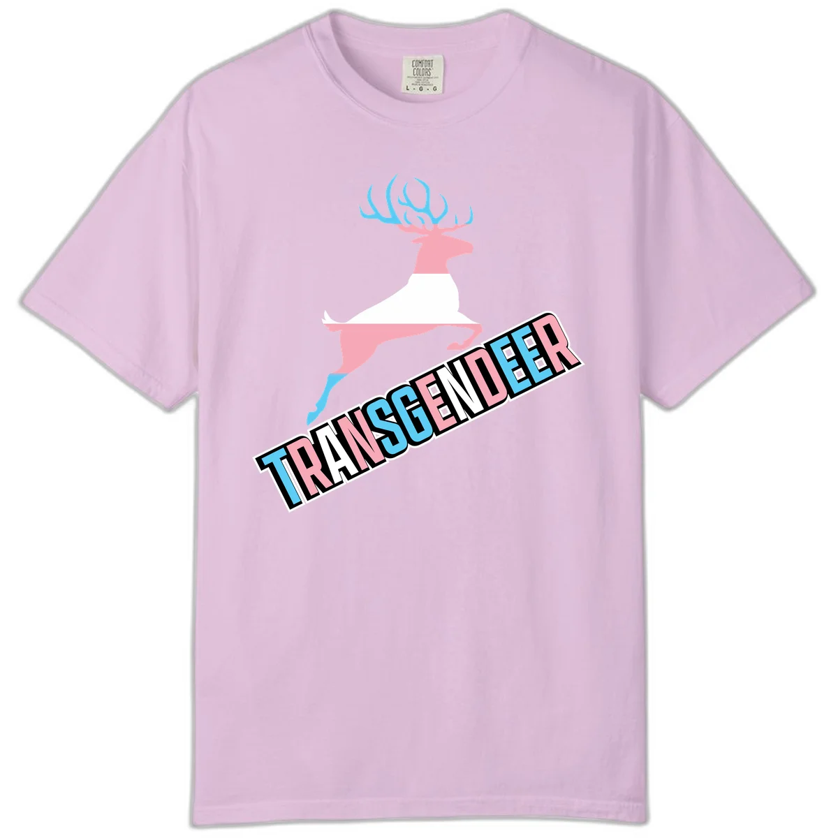 Transgender deer pride design: pink and white deer leaping with blue and pink antlers, 'TRANSGENDER' text banner below in pride colors in Orchid