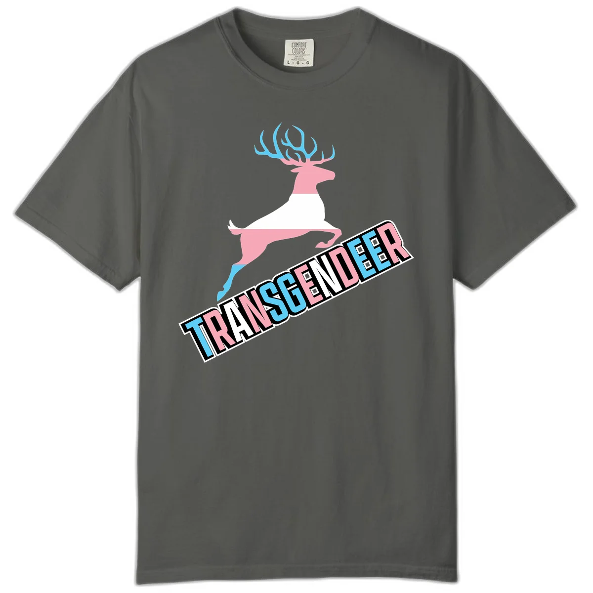 Transgender deer pride design: pink and white deer leaping with blue and pink antlers, 'TRANSGENDER' text banner below in pride colors in Pepper