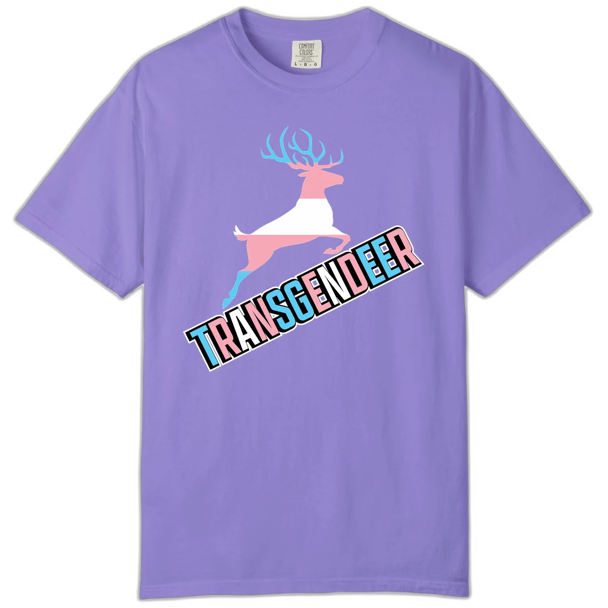 Transgender deer pride design: pink and white deer leaping with blue and pink antlers, 'TRANSGENDER' text banner below in pride colors in Violet