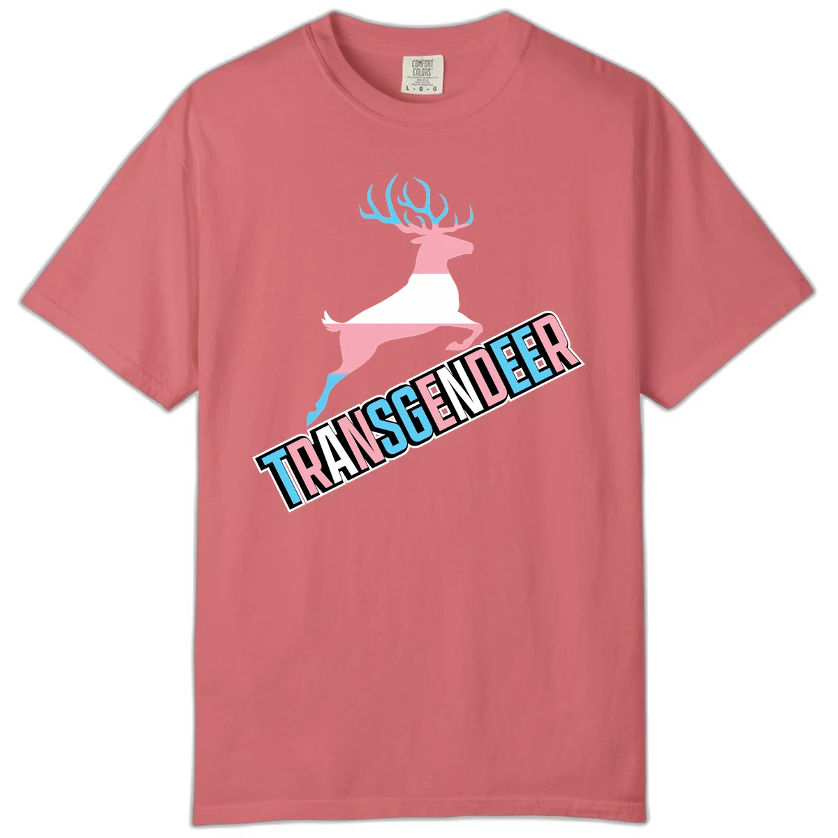 Transgender deer pride design: pink and white deer leaping with blue and pink antlers, 'TRANSGENDER' text banner below in pride colors in Watermelon