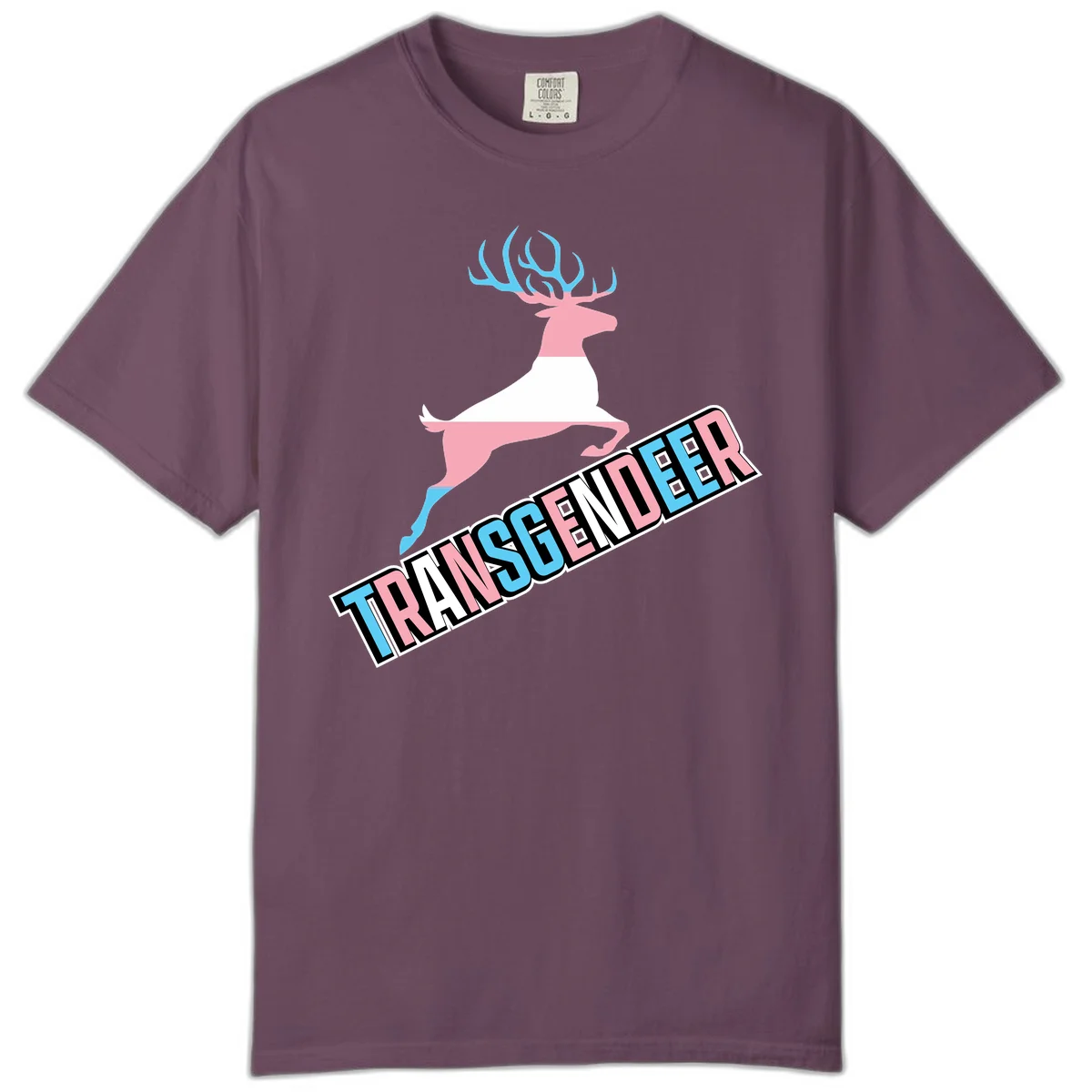 Transgender deer pride design: pink and white deer leaping with blue and pink antlers, 'TRANSGENDER' text banner below in pride colors in Berry