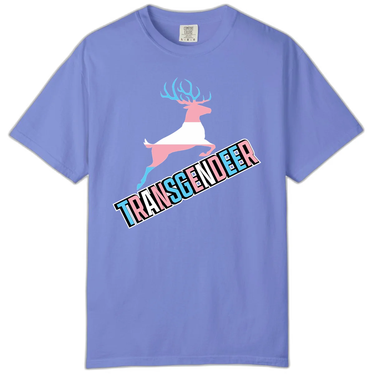 Transgender deer pride design: pink and white deer leaping with blue and pink antlers, 'TRANSGENDER' text banner below in pride colors in Flo Blue