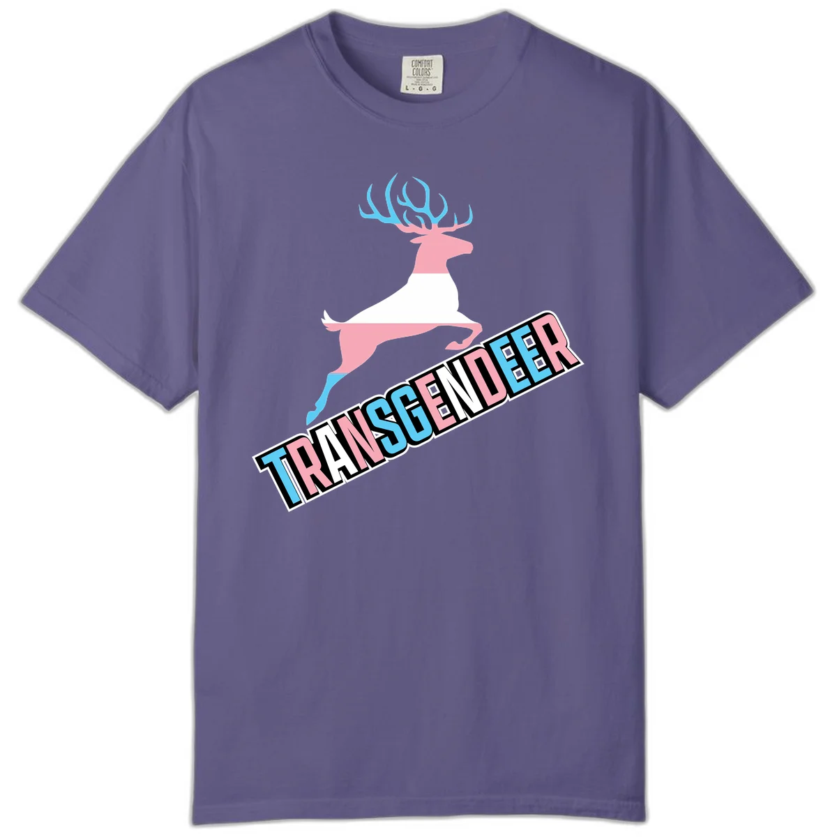Transgender deer pride design: pink and white deer leaping with blue and pink antlers, 'TRANSGENDER' text banner below in pride colors in Grape