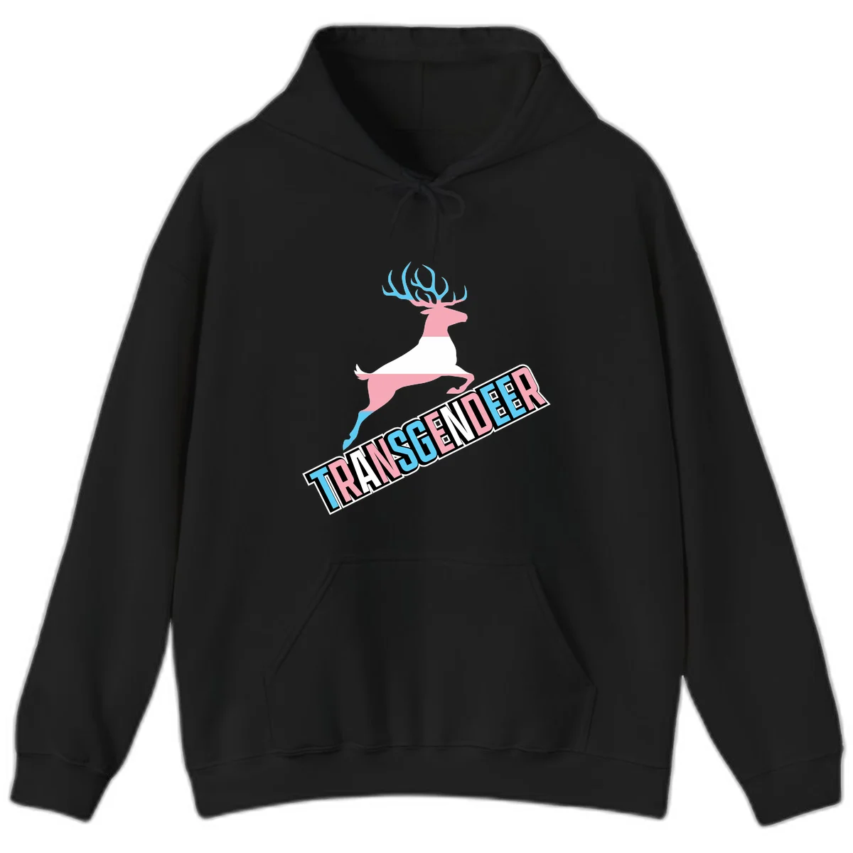 Transgender deer pride design: pink and white deer leaping with blue and pink antlers, 'TRANSGENDER' text banner below in pride colors in Black