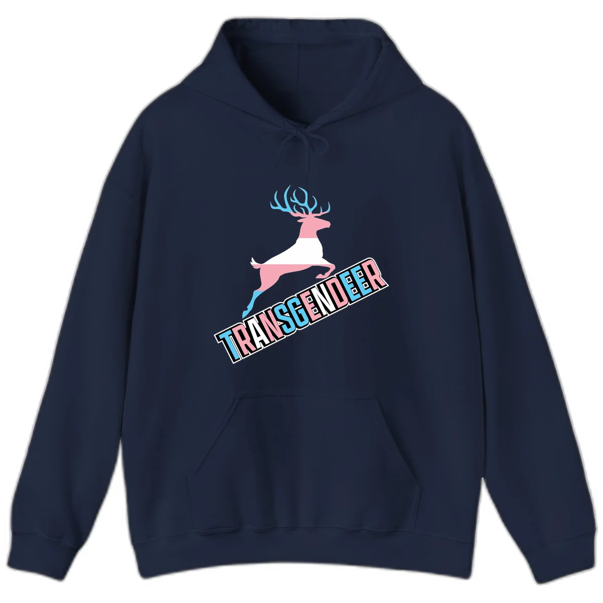 Transgender deer pride design: pink and white deer leaping with blue and pink antlers, 'TRANSGENDER' text banner below in pride colors in Navy