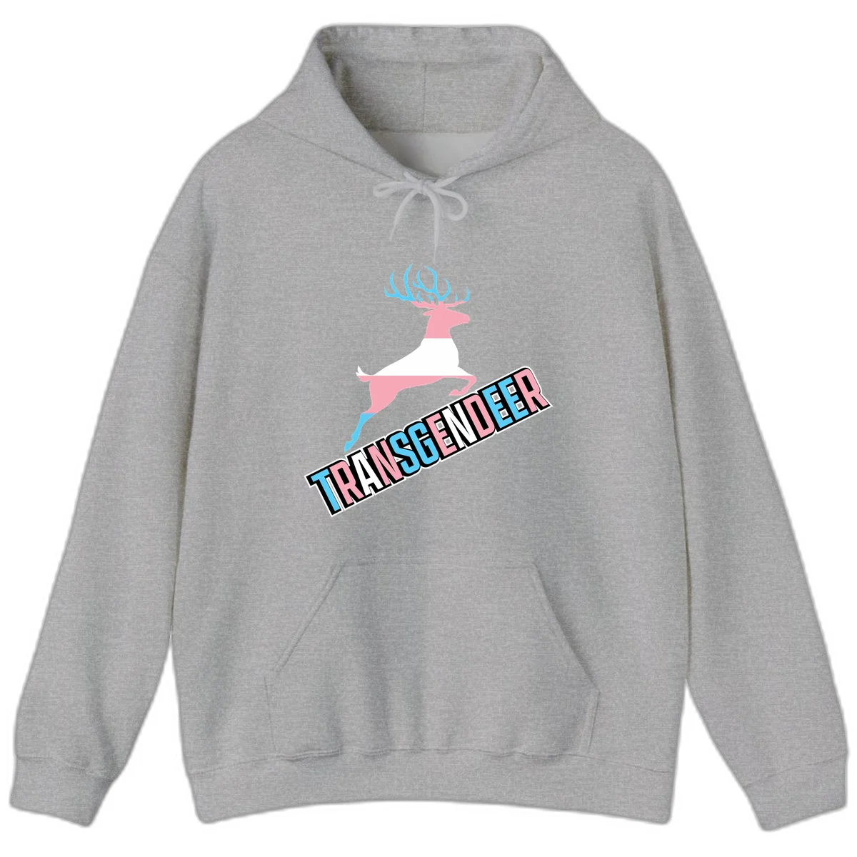 Transgender deer pride design: pink and white deer leaping with blue and pink antlers, 'TRANSGENDER' text banner below in pride colors in Sport Grey