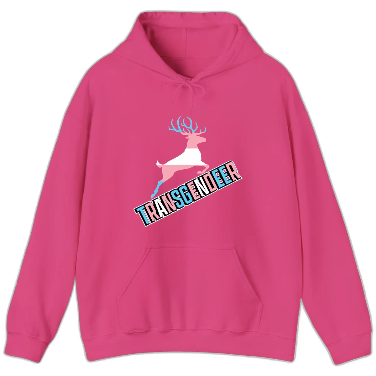 Transgender deer pride design: pink and white deer leaping with blue and pink antlers, 'TRANSGENDER' text banner below in pride colors in Heliconia