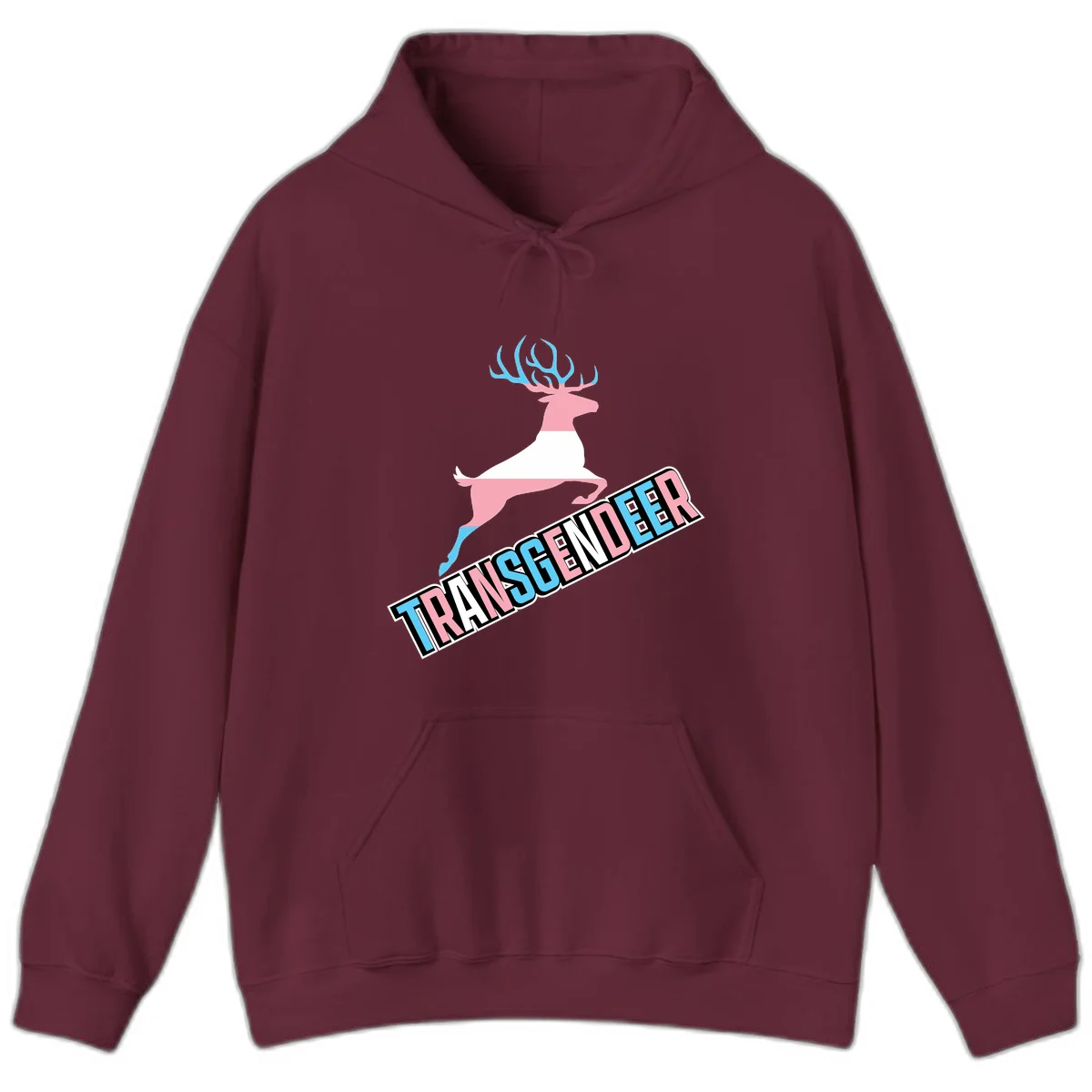 Transgender deer pride design: pink and white deer leaping with blue and pink antlers, 'TRANSGENDER' text banner below in pride colors in Maroon