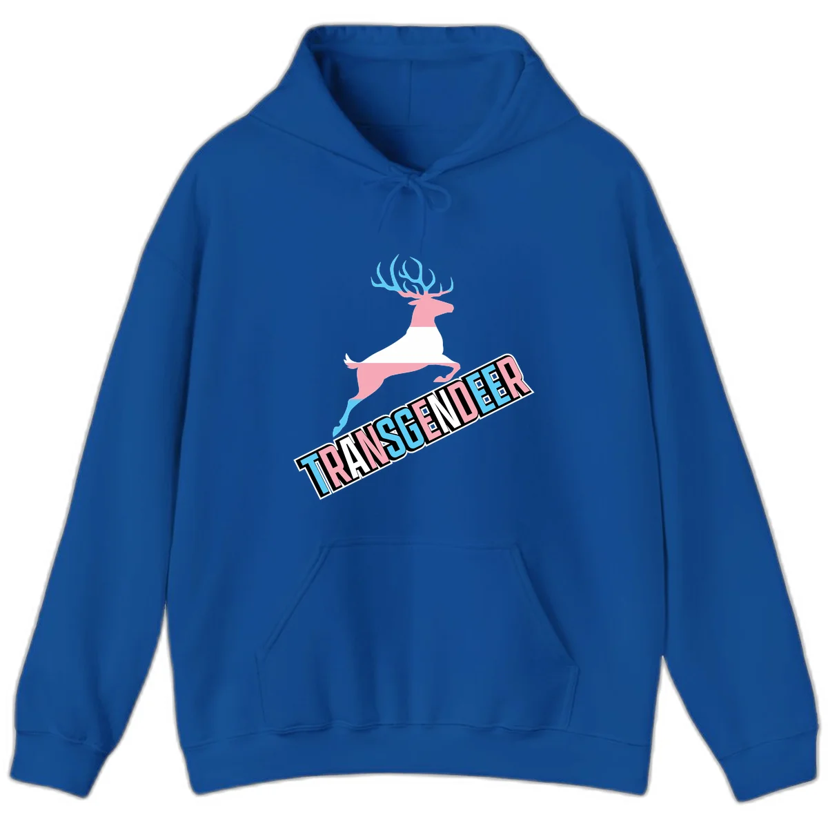 Transgender deer pride design: pink and white deer leaping with blue and pink antlers, 'TRANSGENDER' text banner below in pride colors in Royal