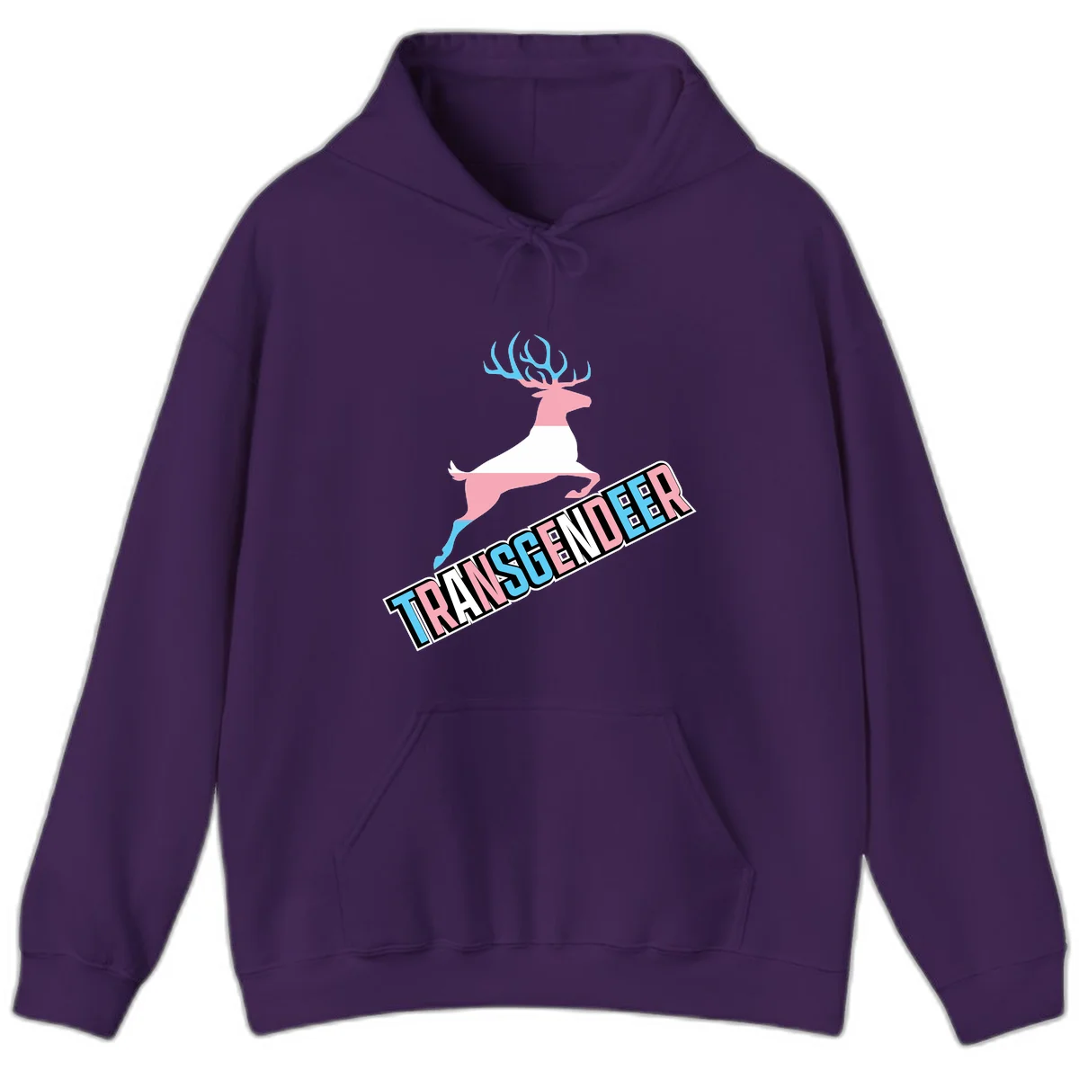 Transgender deer pride design: pink and white deer leaping with blue and pink antlers, 'TRANSGENDER' text banner below in pride colors in Purple