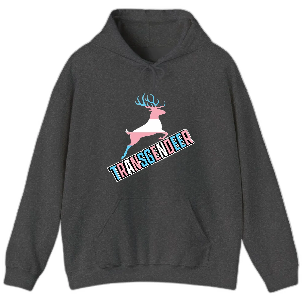 Transgender deer pride design: pink and white deer leaping with blue and pink antlers, 'TRANSGENDER' text banner below in pride colors in Dark Heather