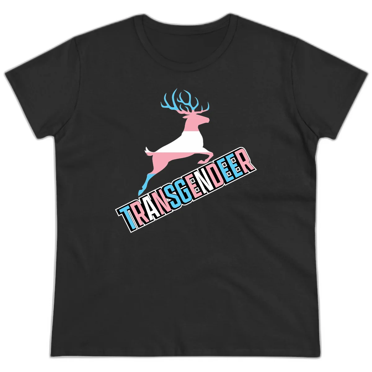 Transgender deer pride design: pink and white deer leaping with blue and pink antlers, 'TRANSGENDER' text banner below in pride colors in Black