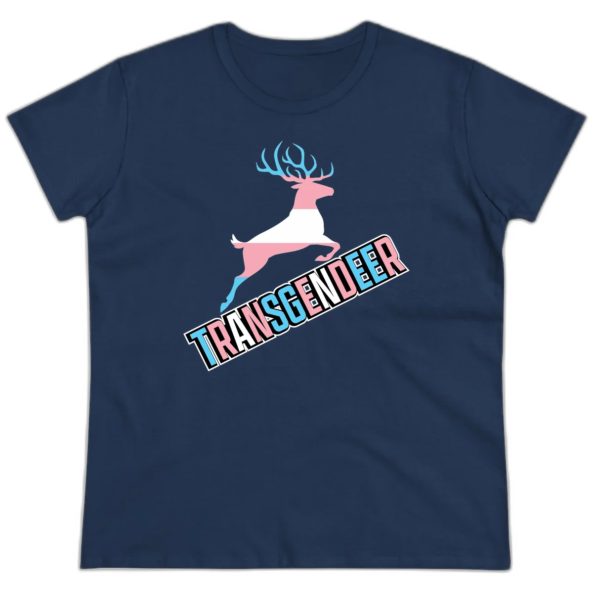 Transgender deer pride design: pink and white deer leaping with blue and pink antlers, 'TRANSGENDER' text banner below in pride colors in Navy