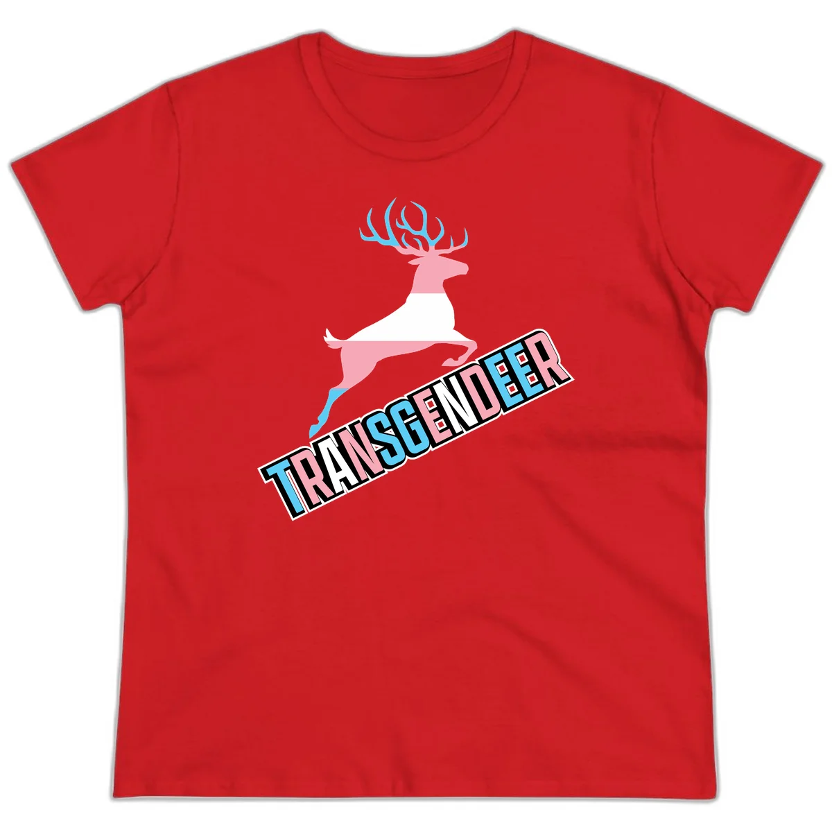 Transgender deer pride design: pink and white deer leaping with blue and pink antlers, 'TRANSGENDER' text banner below in pride colors in Red