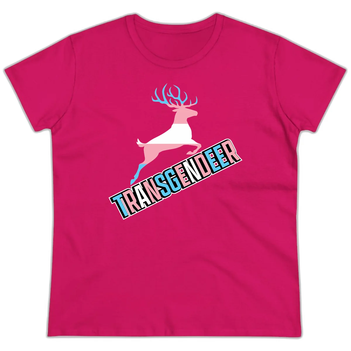 Transgender deer pride design: pink and white deer leaping with blue and pink antlers, 'TRANSGENDER' text banner below in pride colors in Heliconia