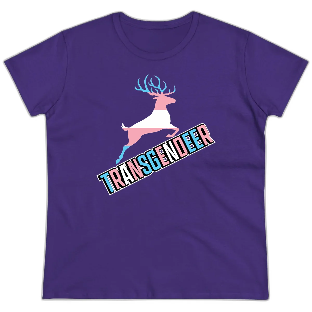Transgender deer pride design: pink and white deer leaping with blue and pink antlers, 'TRANSGENDER' text banner below in pride colors in Purple