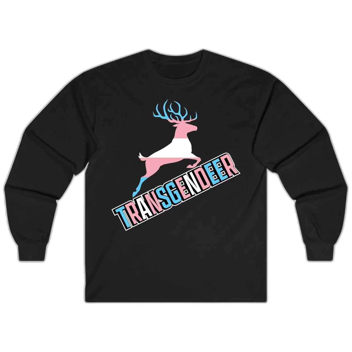 Transgender deer pride design: pink and white deer leaping with blue and pink antlers, 'TRANSGENDER' text banner below in pride colors in Black