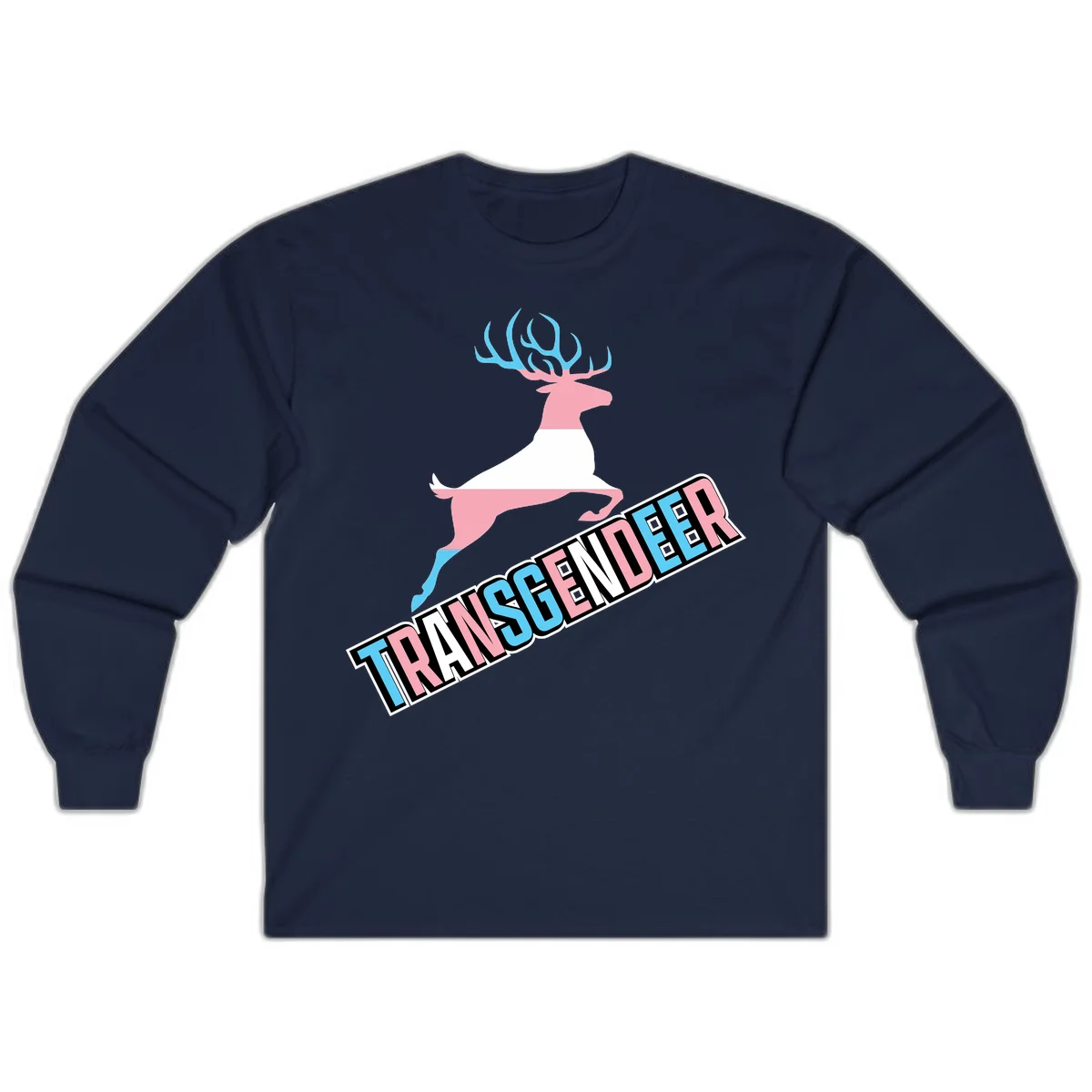 Transgender deer pride design: pink and white deer leaping with blue and pink antlers, 'TRANSGENDER' text banner below in pride colors in Navy