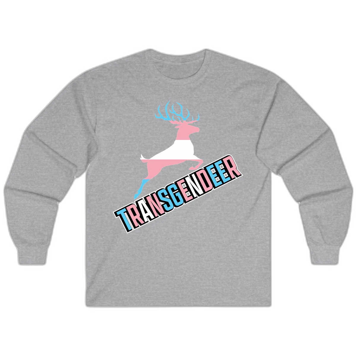 Transgender deer pride design: pink and white deer leaping with blue and pink antlers, 'TRANSGENDER' text banner below in pride colors in Sport Grey