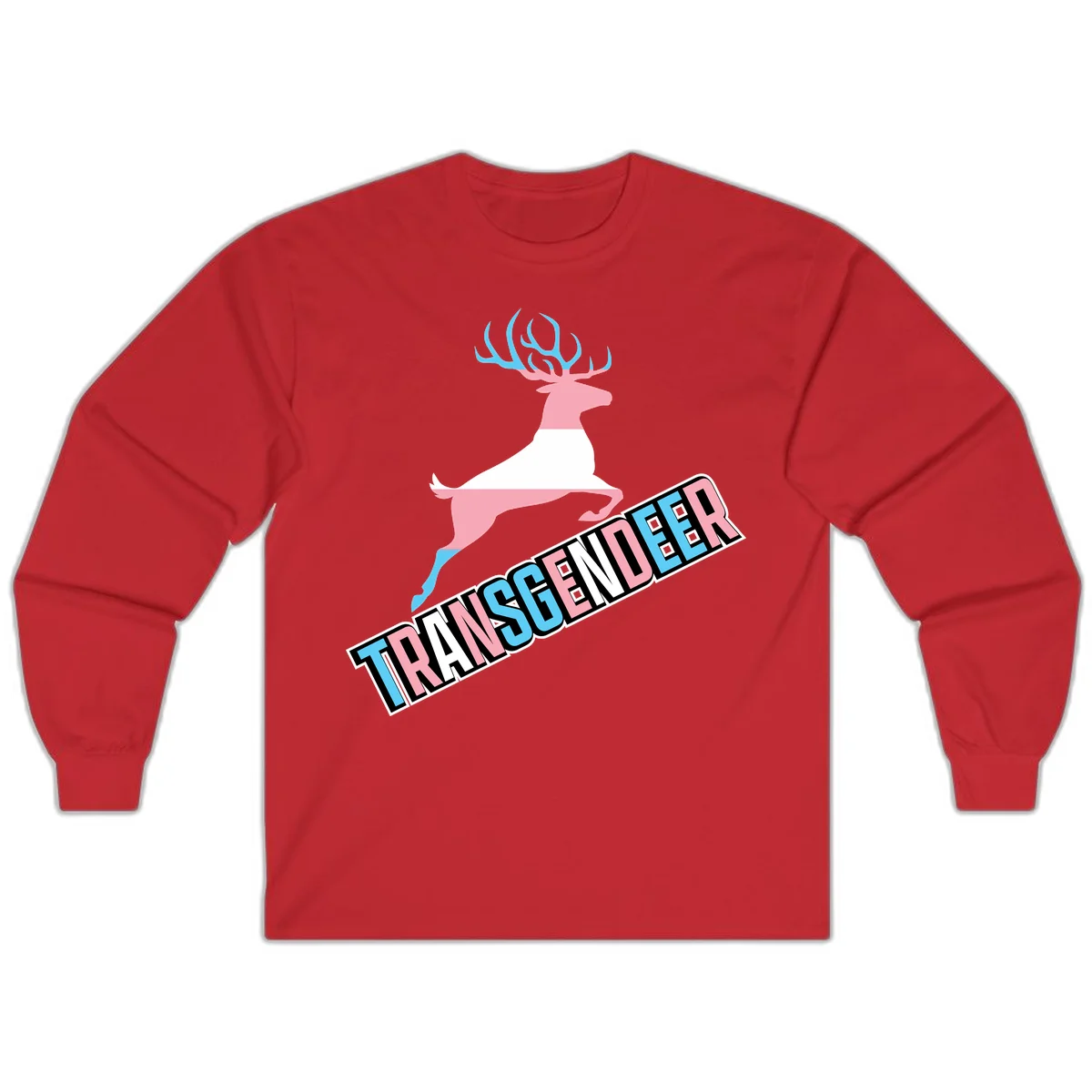 Transgender deer pride design: pink and white deer leaping with blue and pink antlers, 'TRANSGENDER' text banner below in pride colors in Red