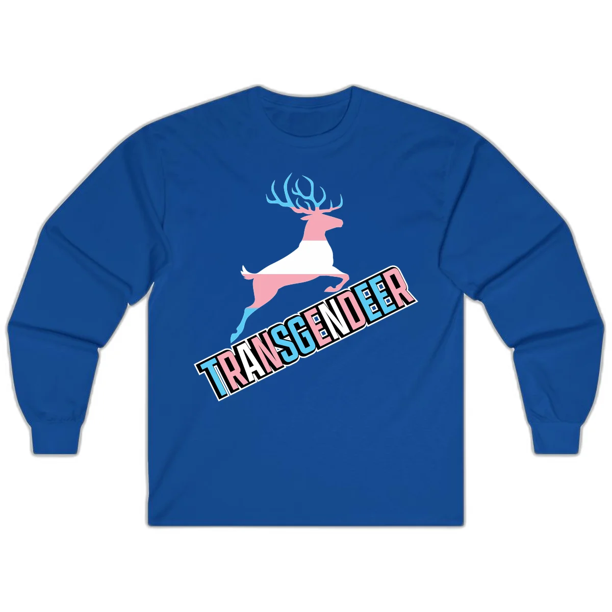 Transgender deer pride design: pink and white deer leaping with blue and pink antlers, 'TRANSGENDER' text banner below in pride colors in Royal