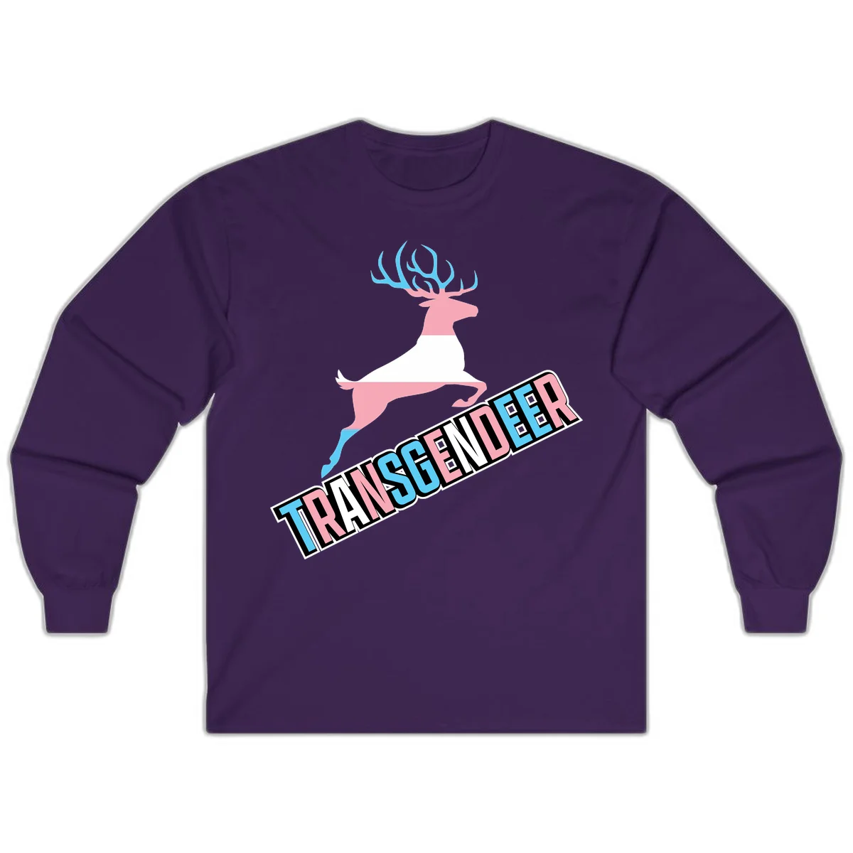 Transgender deer pride design: pink and white deer leaping with blue and pink antlers, 'TRANSGENDER' text banner below in pride colors in Purple
