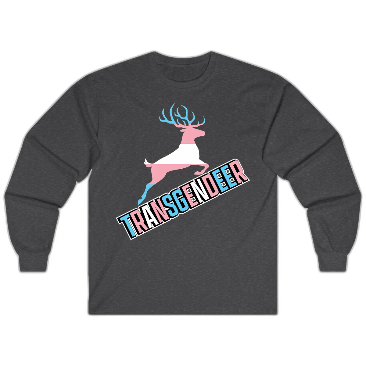 Transgender deer pride design: pink and white deer leaping with blue and pink antlers, 'TRANSGENDER' text banner below in pride colors in Dark Heather