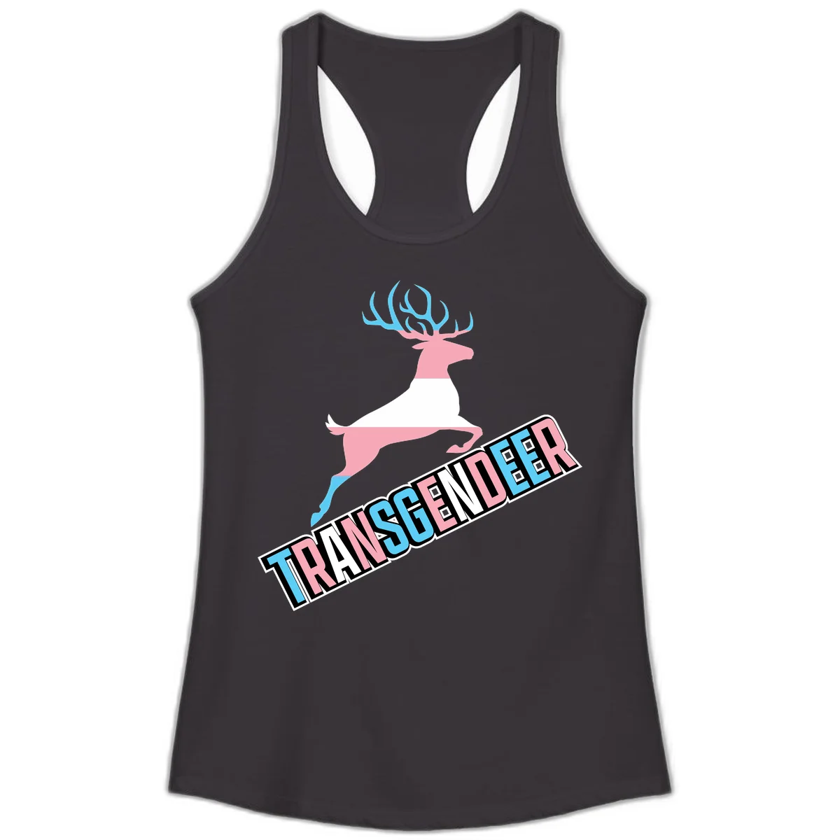 Transgender deer pride design: pink and white deer leaping with blue and pink antlers, 'TRANSGENDER' text banner below in pride colors in Black