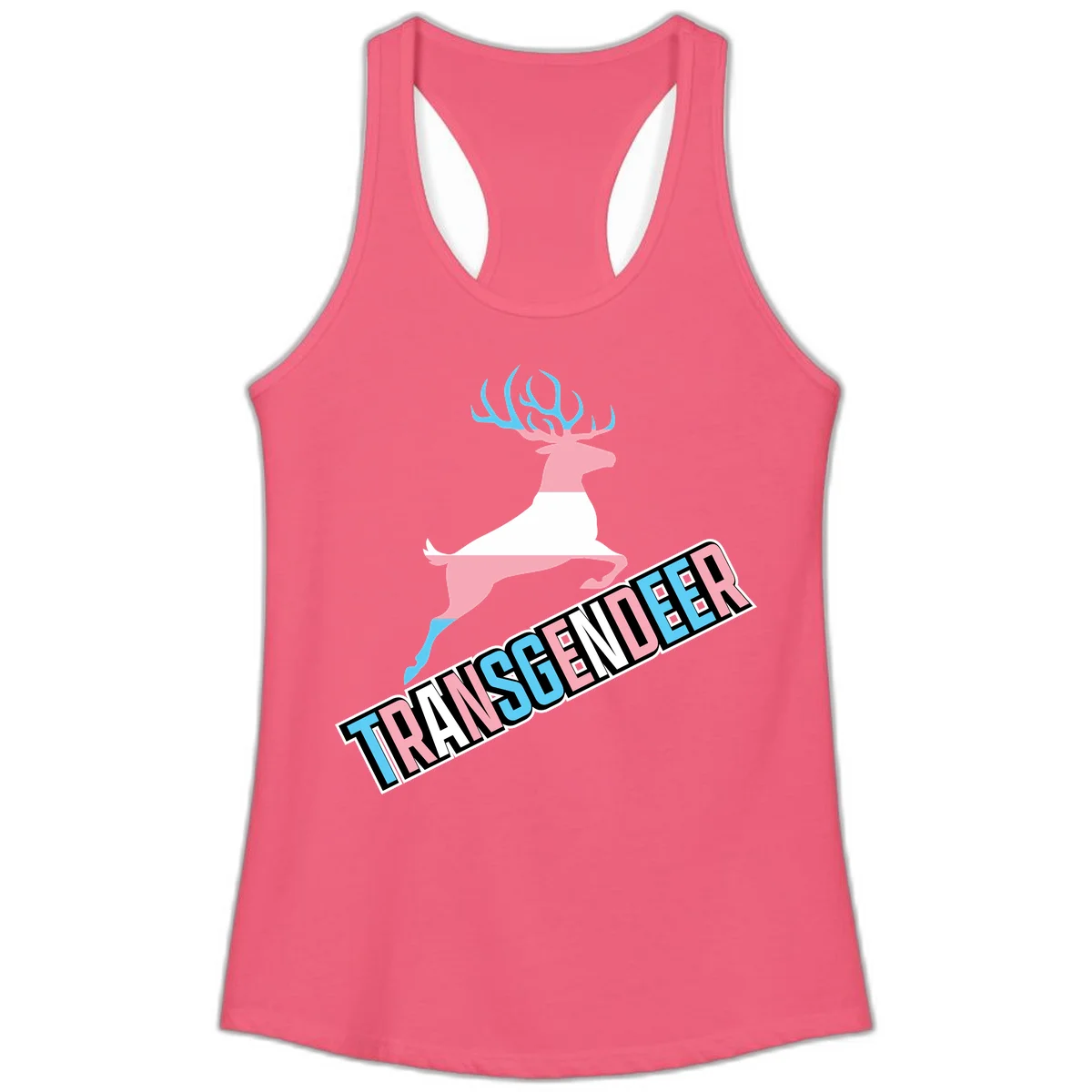Transgender deer pride design: pink and white deer leaping with blue and pink antlers, 'TRANSGENDER' text banner below in pride colors in Hot Pink