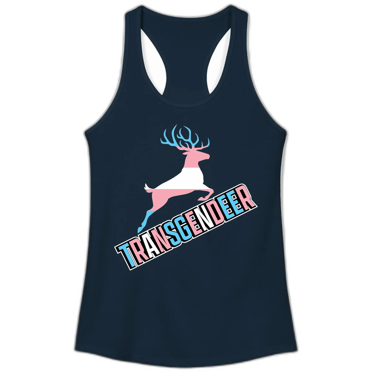 Transgender deer pride design: pink and white deer leaping with blue and pink antlers, 'TRANSGENDER' text banner below in pride colors in Solid Midnight Navy