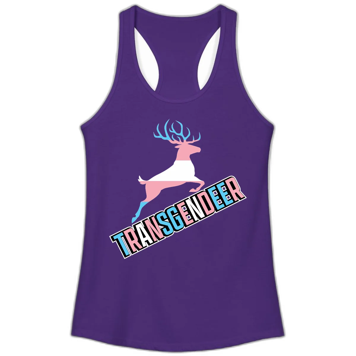 Transgender deer pride design: pink and white deer leaping with blue and pink antlers, 'TRANSGENDER' text banner below in pride colors in Solid Purple Rush