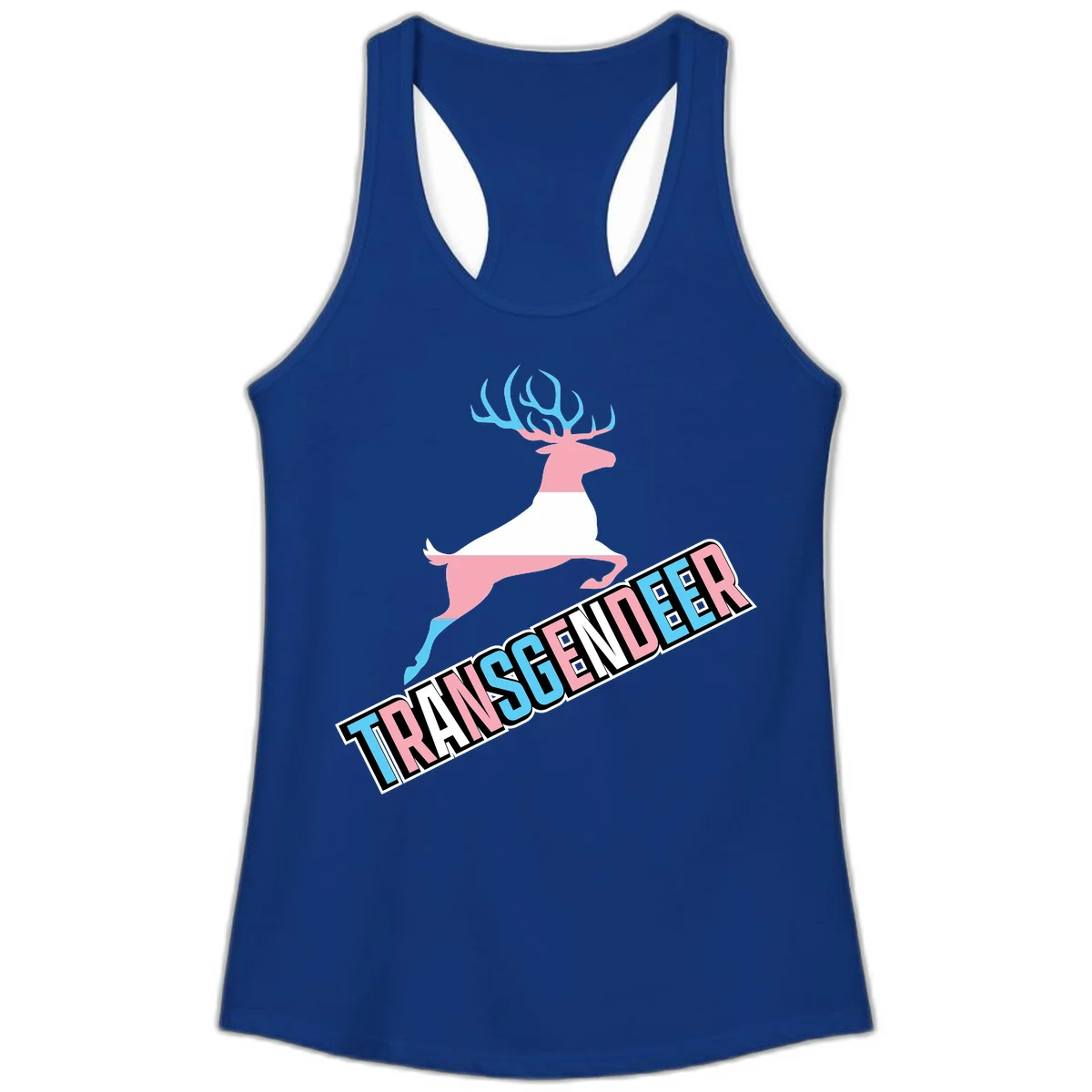 Transgender deer pride design: pink and white deer leaping with blue and pink antlers, 'TRANSGENDER' text banner below in pride colors in Solid Royal
