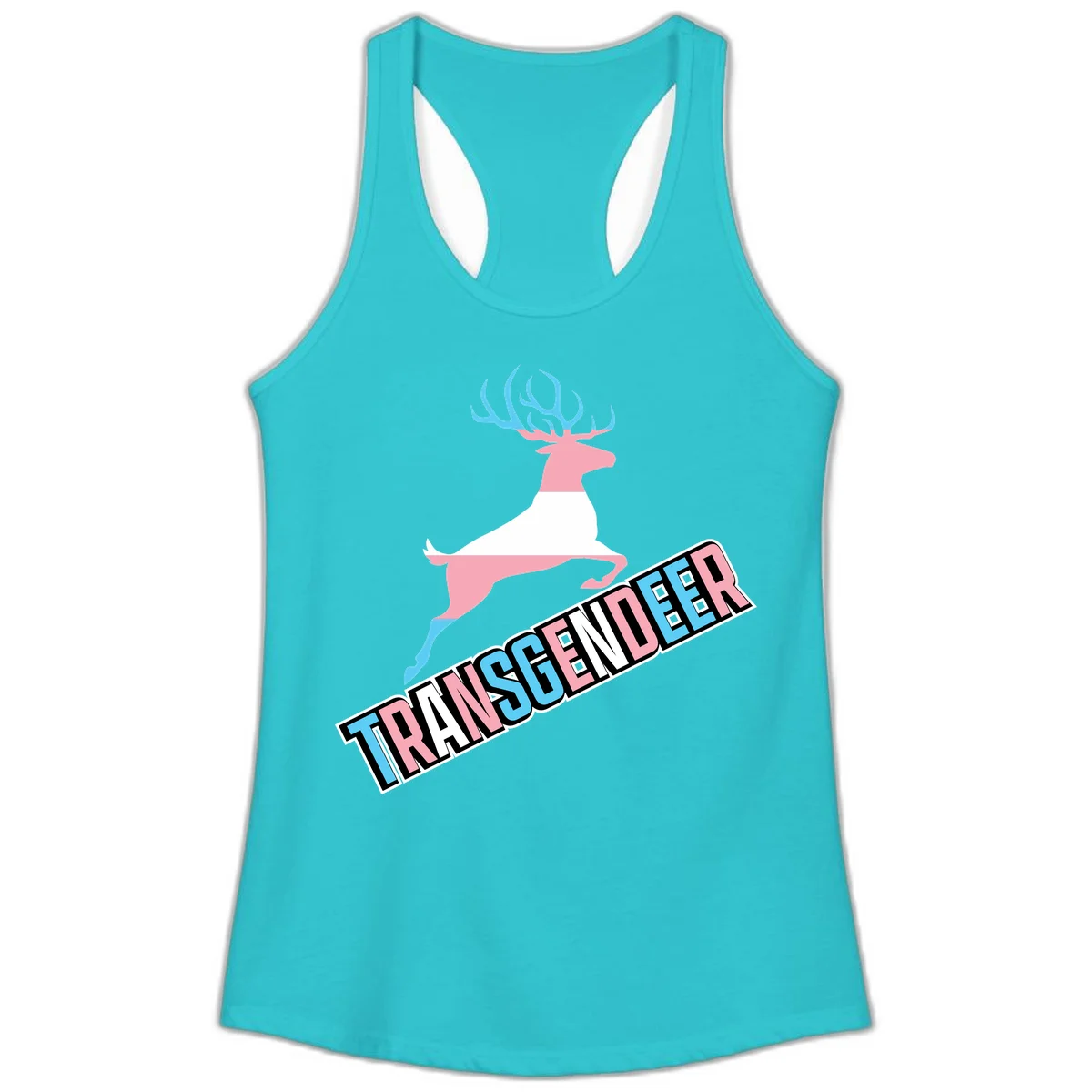 Transgender deer pride design: pink and white deer leaping with blue and pink antlers, 'TRANSGENDER' text banner below in pride colors in Solid Tahiti Blue