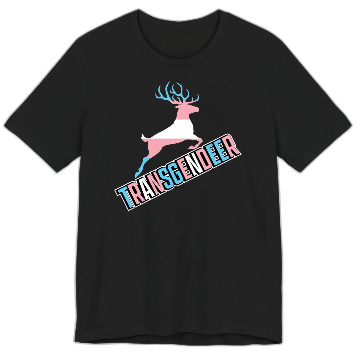 Transgender deer pride design: pink and white deer leaping with blue and pink antlers, 'TRANSGENDER' text banner below in pride colors in Black