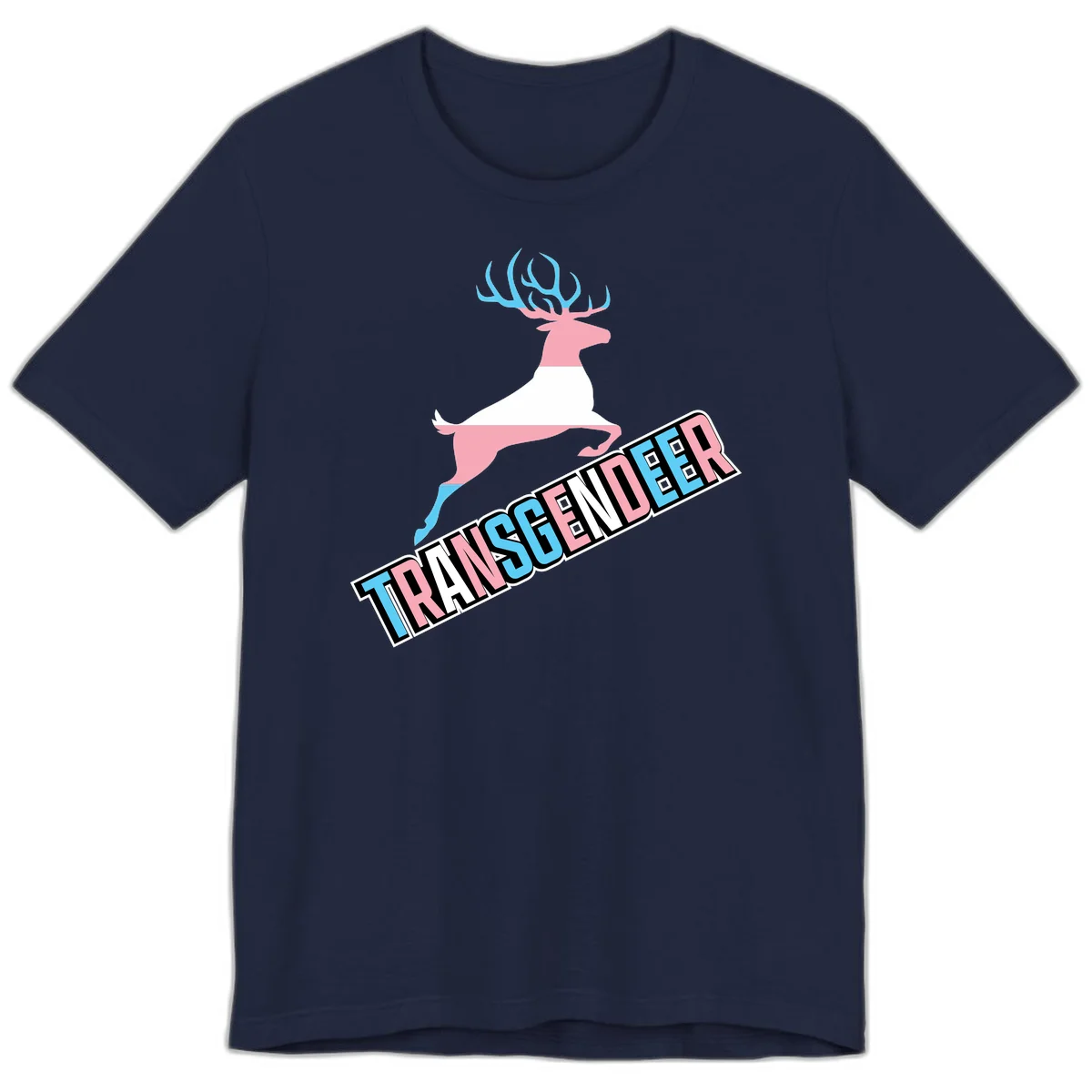 Transgender deer pride design: pink and white deer leaping with blue and pink antlers, 'TRANSGENDER' text banner below in pride colors in Navy