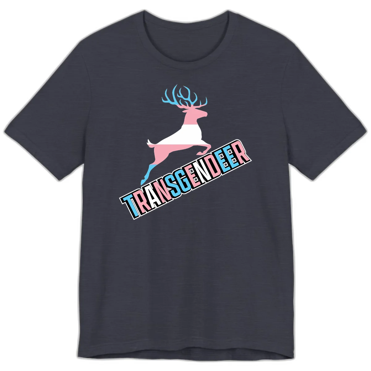Transgender deer pride design: pink and white deer leaping with blue and pink antlers, 'TRANSGENDER' text banner below in pride colors in Heather Midnight Navy