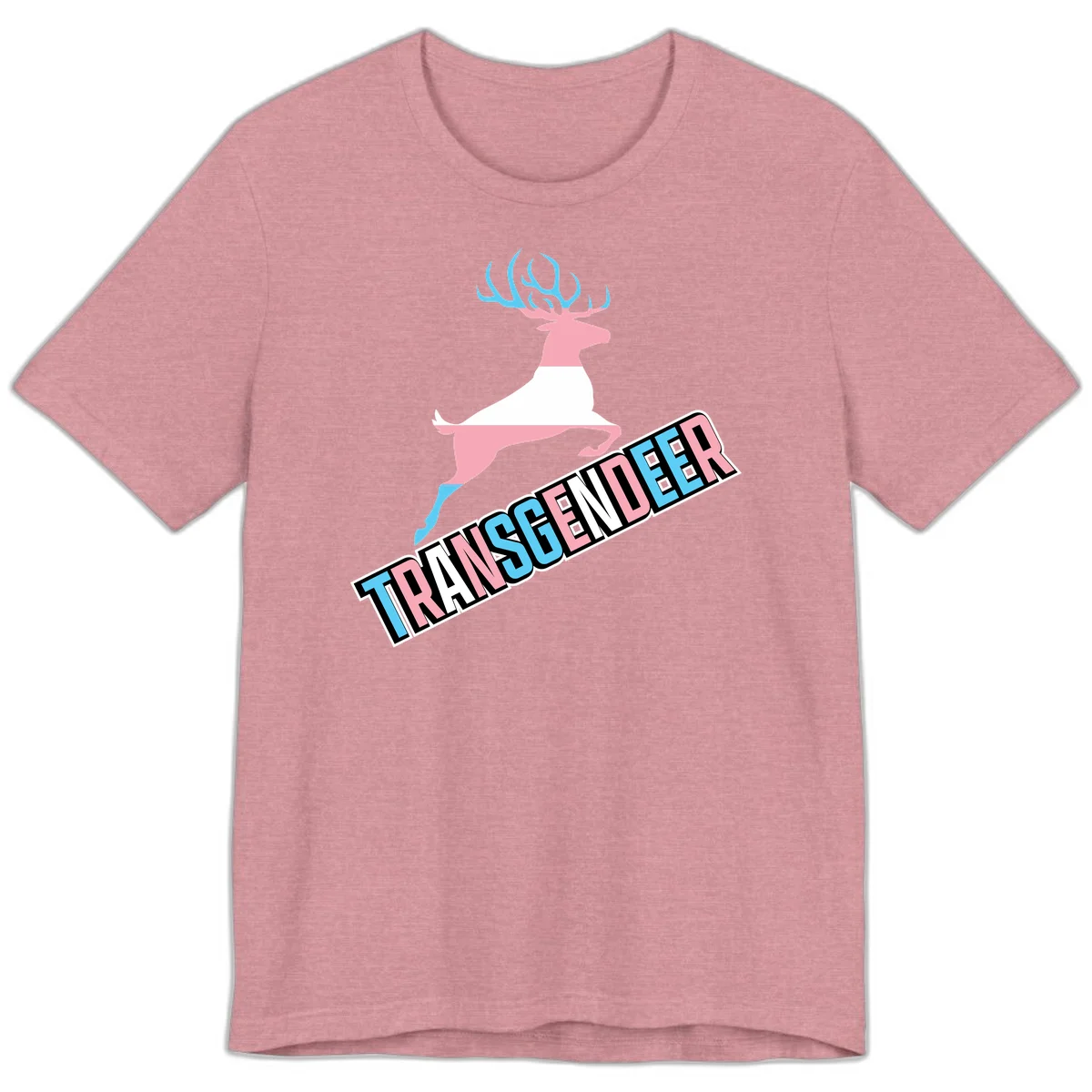 Transgender deer pride design: pink and white deer leaping with blue and pink antlers, 'TRANSGENDER' text banner below in pride colors in Heather Orchid