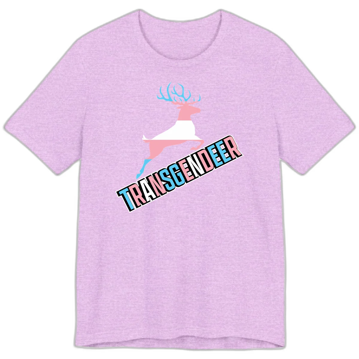 Transgender deer pride design: pink and white deer leaping with blue and pink antlers, 'TRANSGENDER' text banner below in pride colors in Heather Prism Lilac