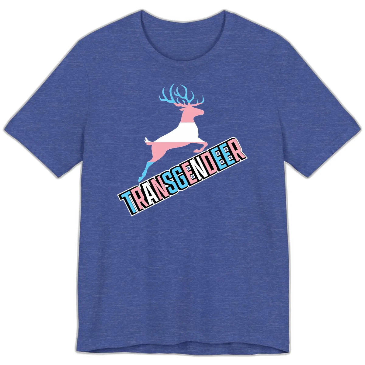Transgender deer pride design: pink and white deer leaping with blue and pink antlers, 'TRANSGENDER' text banner below in pride colors in Heather True Royal