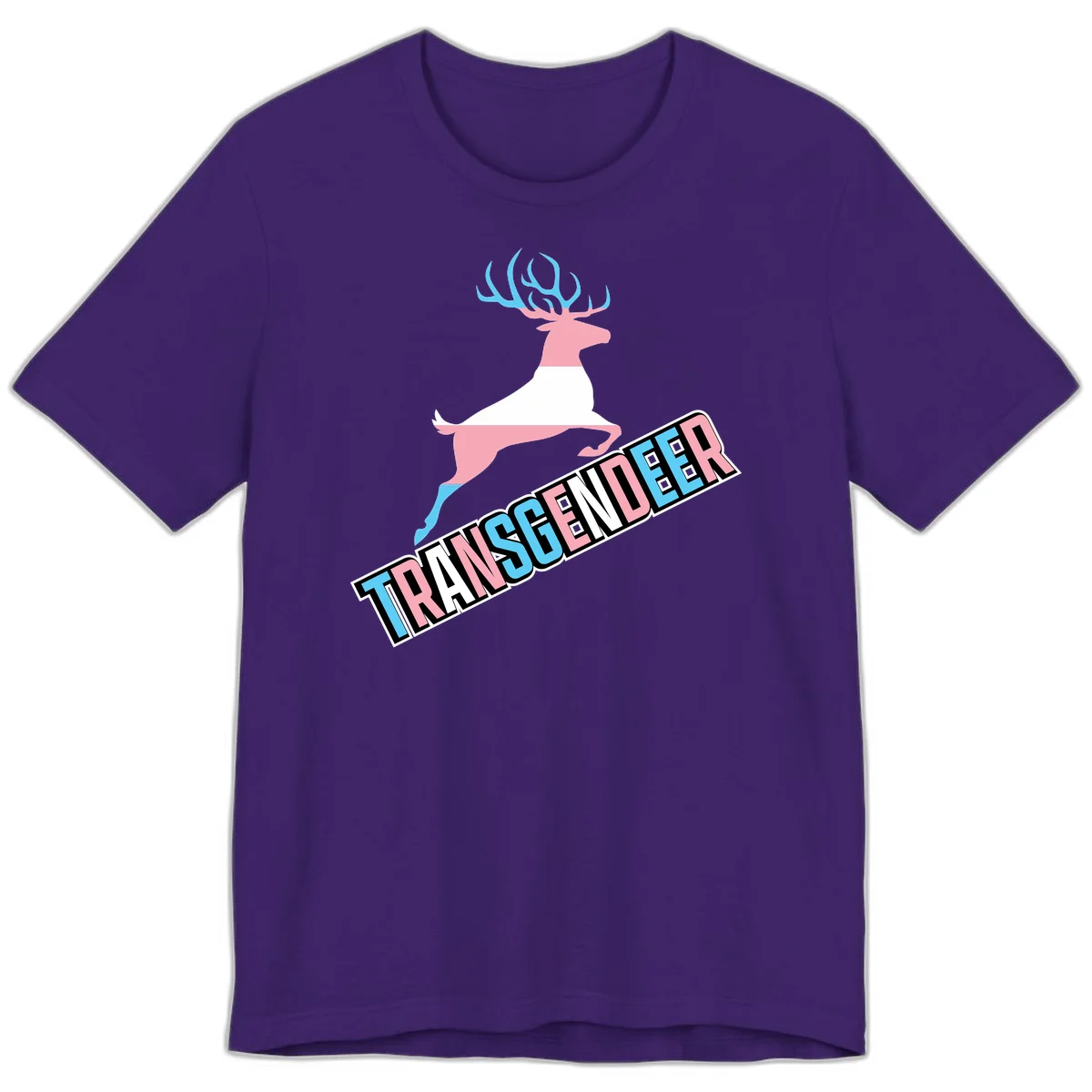 Transgender deer pride design: pink and white deer leaping with blue and pink antlers, 'TRANSGENDER' text banner below in pride colors in Team Purple