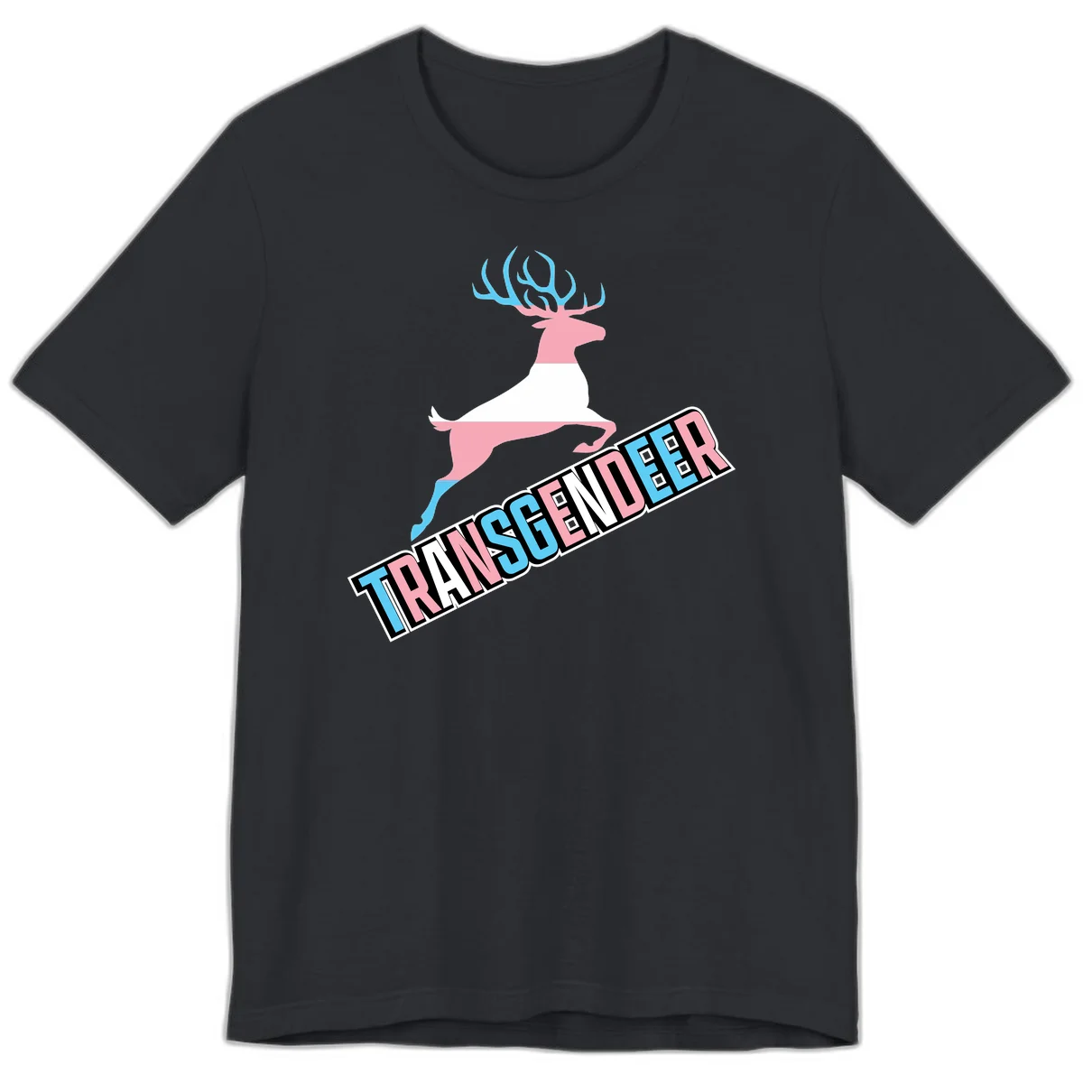 Transgender deer pride design: pink and white deer leaping with blue and pink antlers, 'TRANSGENDER' text banner below in pride colors in Vintage Black