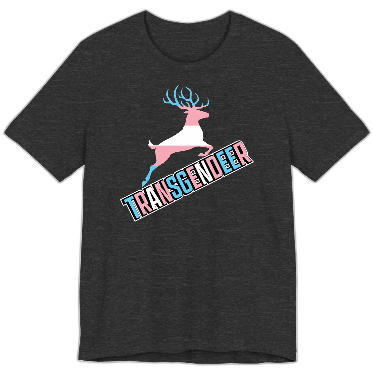 Transgender deer pride design: pink and white deer leaping with blue and pink antlers, 'TRANSGENDER' text banner below in pride colors in Dark Grey Heather