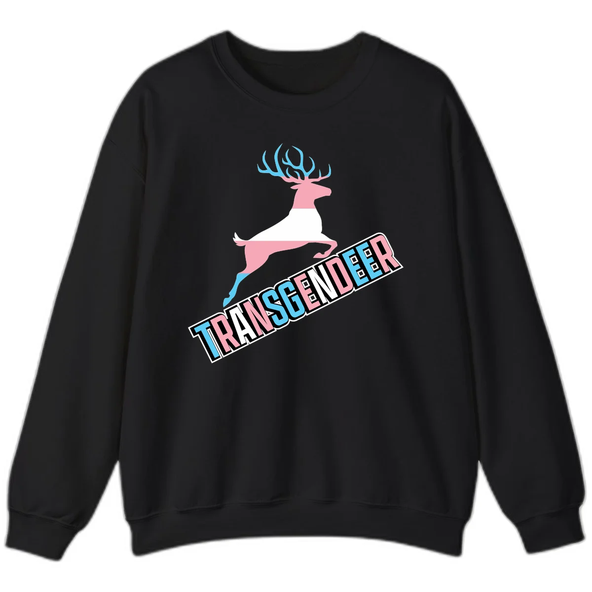 Transgender deer pride design: pink and white deer leaping with blue and pink antlers, 'TRANSGENDER' text banner below in pride colors in Black