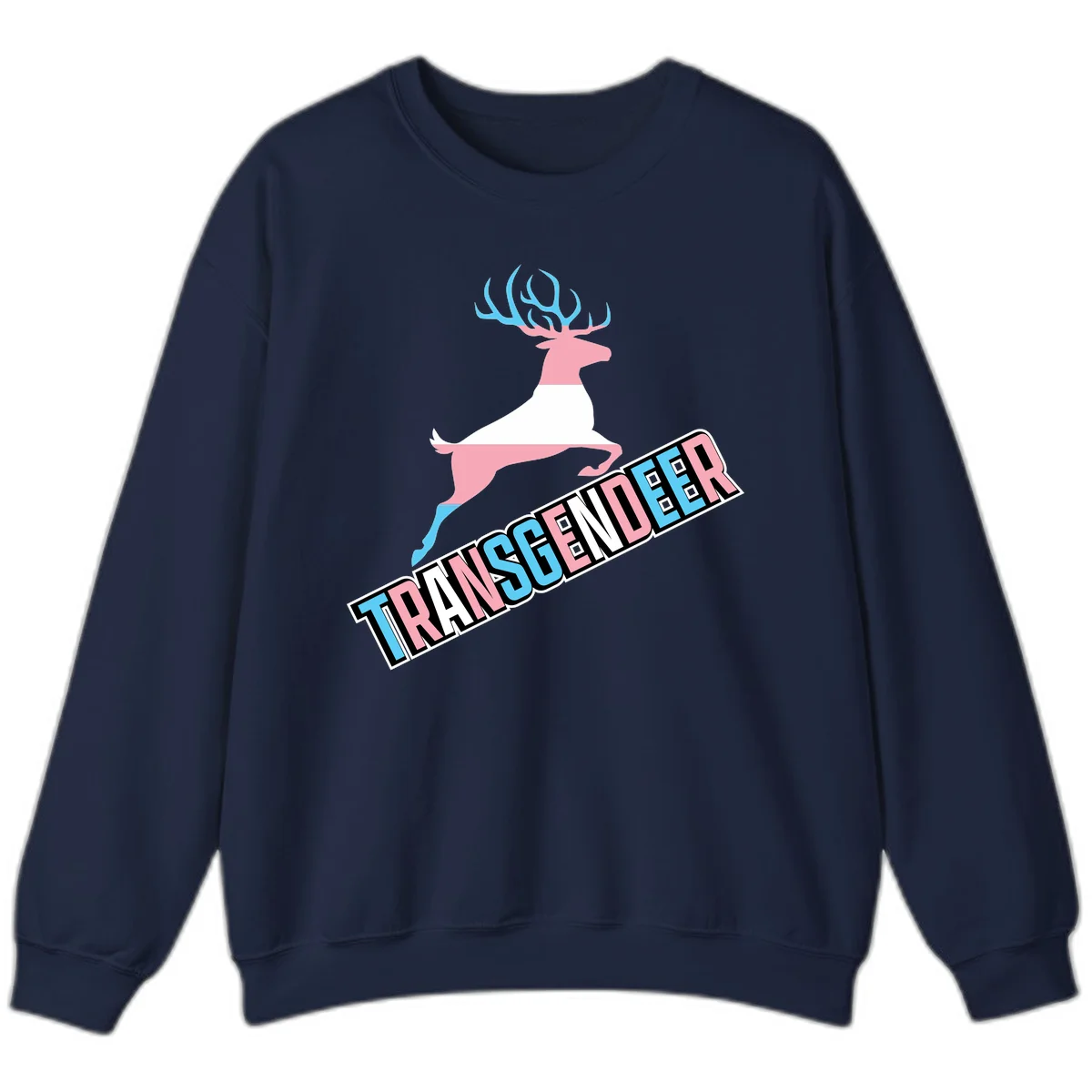 Transgender deer pride design: pink and white deer leaping with blue and pink antlers, 'TRANSGENDER' text banner below in pride colors in Navy