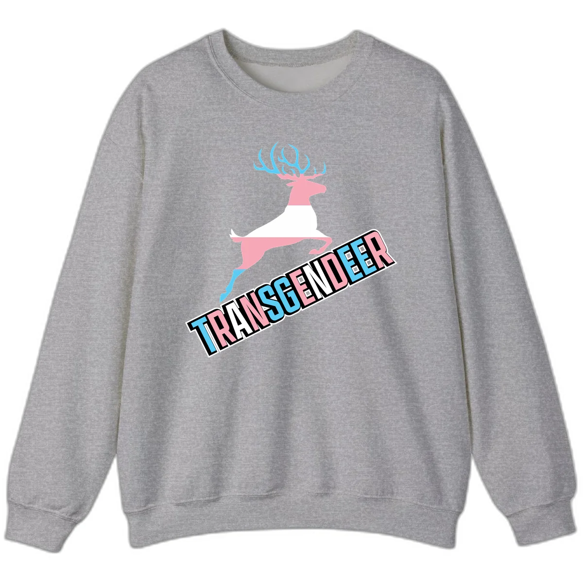 Transgender deer pride design: pink and white deer leaping with blue and pink antlers, 'TRANSGENDER' text banner below in pride colors in Sport Grey