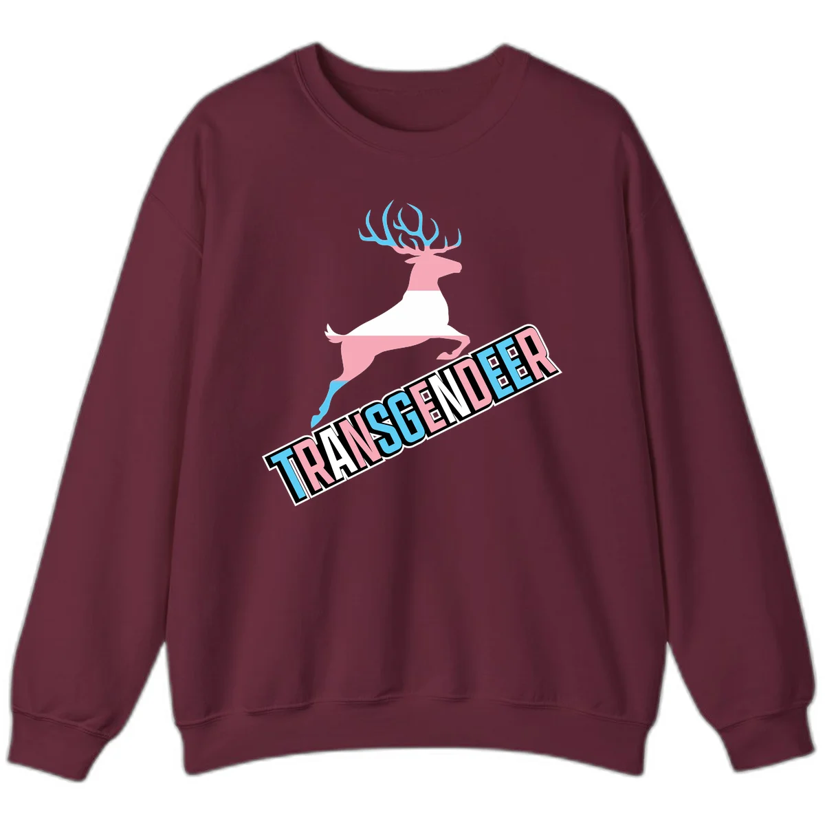 Transgender deer pride design: pink and white deer leaping with blue and pink antlers, 'TRANSGENDER' text banner below in pride colors in Maroon