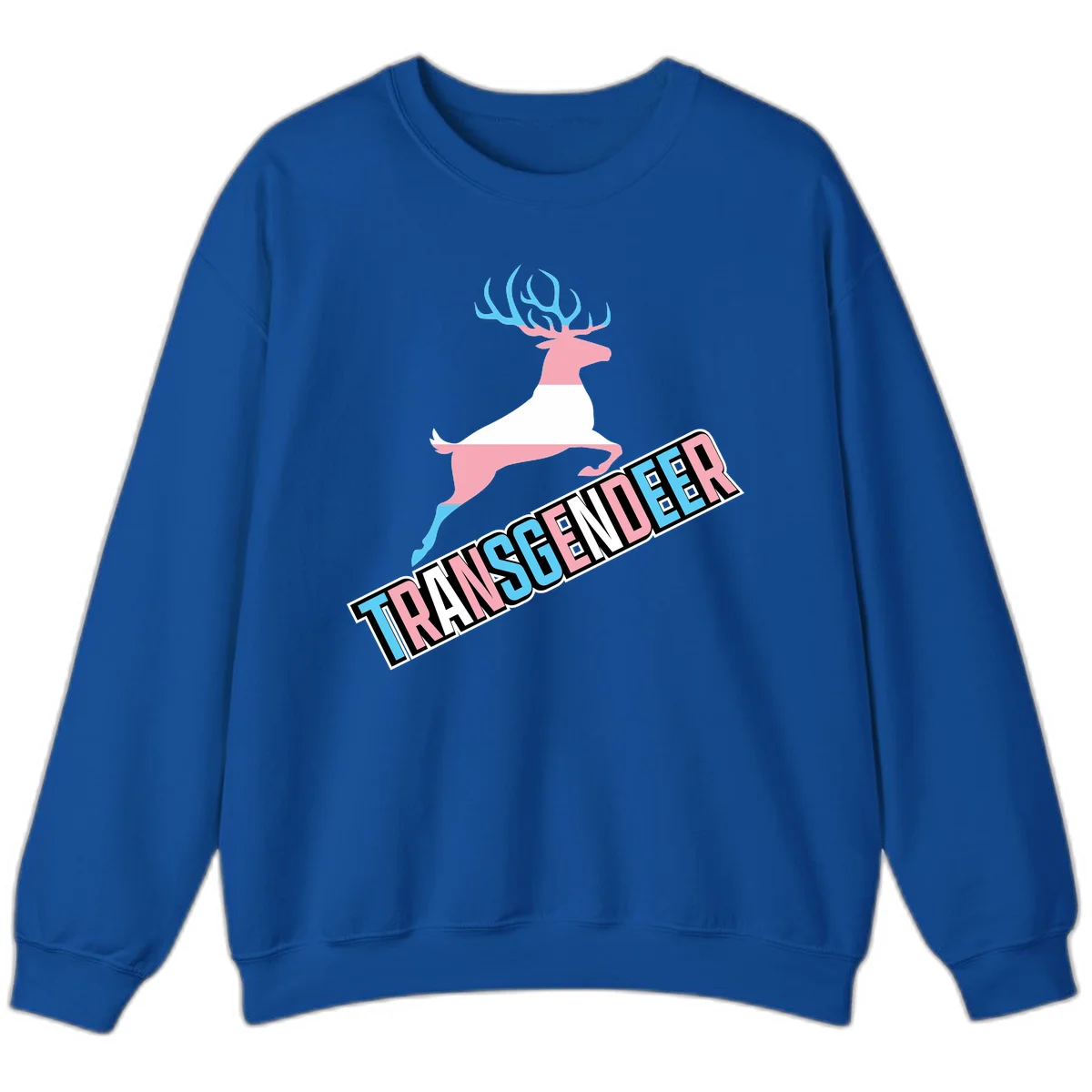 Transgender deer pride design: pink and white deer leaping with blue and pink antlers, 'TRANSGENDER' text banner below in pride colors in Royal