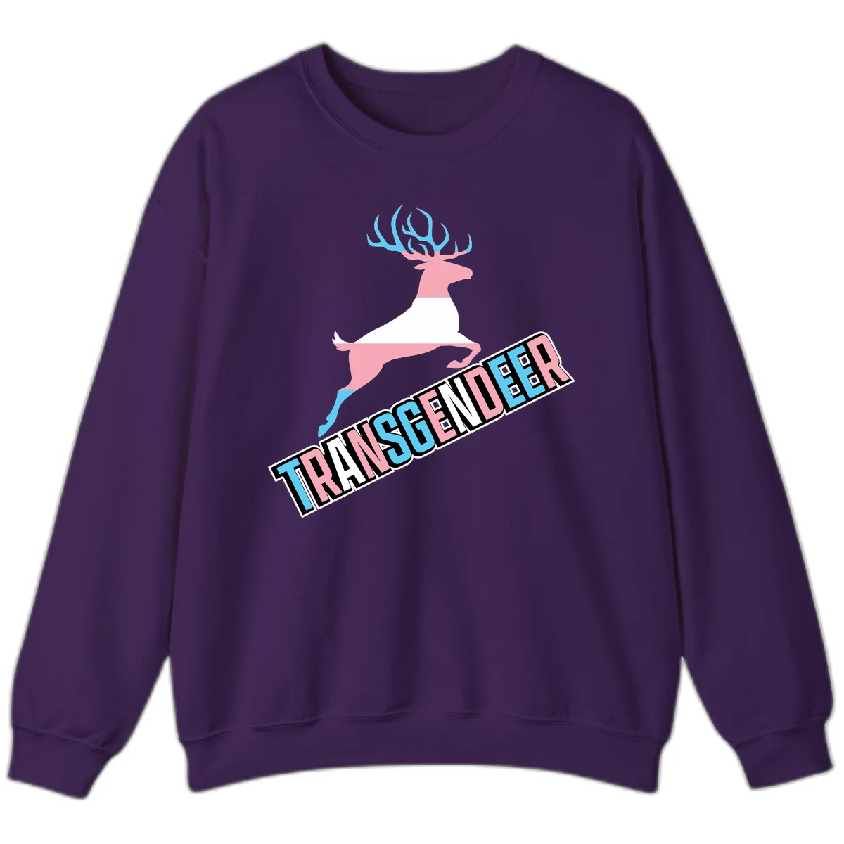 Transgender deer pride design: pink and white deer leaping with blue and pink antlers, 'TRANSGENDER' text banner below in pride colors in Purple