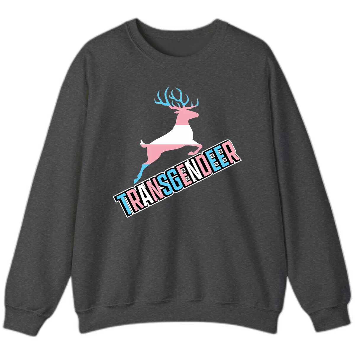 Transgender deer pride design: pink and white deer leaping with blue and pink antlers, 'TRANSGENDER' text banner below in pride colors in Dark Heather